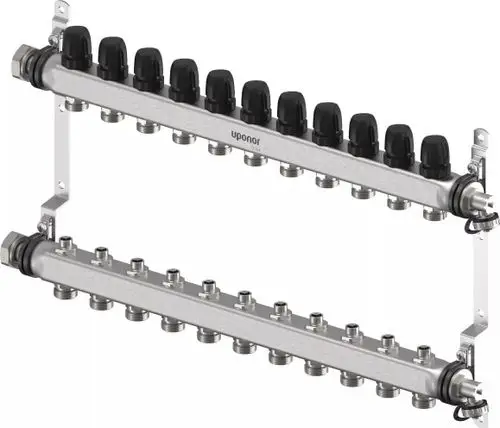 Verteiler von Uponor mit mehreren Anschlussmöglichkeiten, aus Metall gefertigt, zur Verteilung von Heizungs- oder Trinkwasserleitungen, in horizontaler Anordnung.